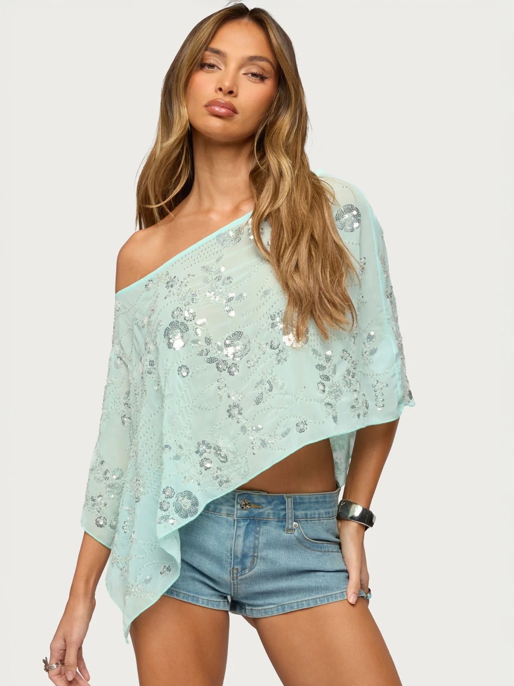 UO Edikted Triana Bead & Sequin Chiffon Poncho L